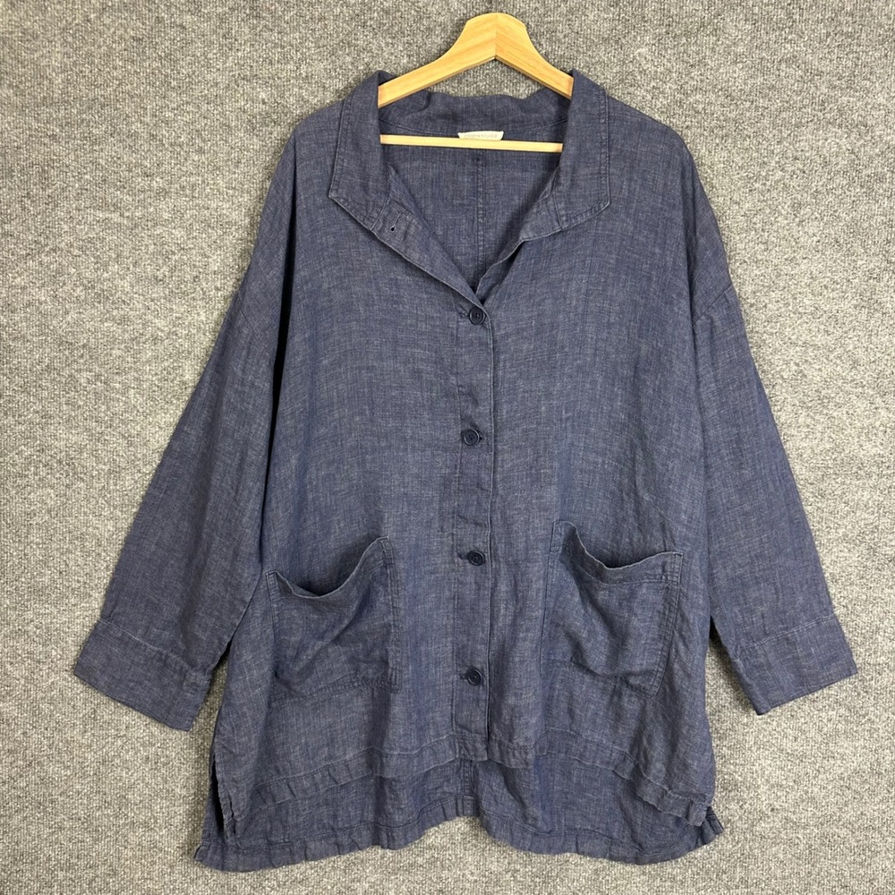 Eileen Fisher Button Down Shirt Womens Plus XL Blue Excellent Linen Pockets